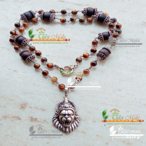 Sterling Silver Narasimha Pendant With Heavy Sterling Silver Capped Tulasi Beads – Classic / Trendy