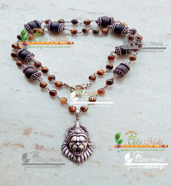 Sterling Silver Narasimha Pendant With Heavy Sterling Silver Capped Tulasi Beads – Classic / Trendy