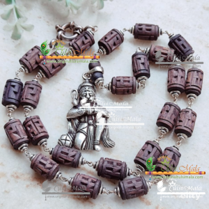 Tulsi Ram Carved Beads Silver Kanthi Mala With Silver Hanuman Ji Locket Pendent