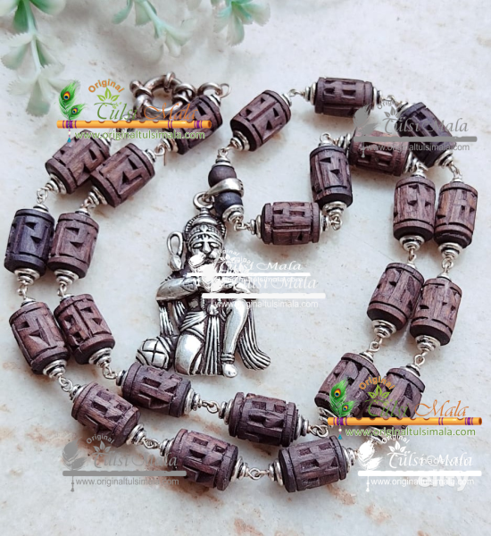 Tulsi Ram Carved Beads Silver Kanthi Mala With Silver Hanuman Ji Locket Pendent