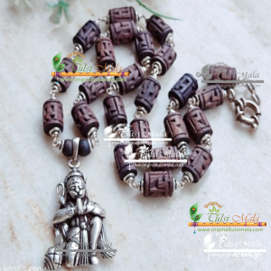 Tulsi Ram Carved Beads Silver Kanthi Mala With Silver Hanuman Ji Locket Pendent