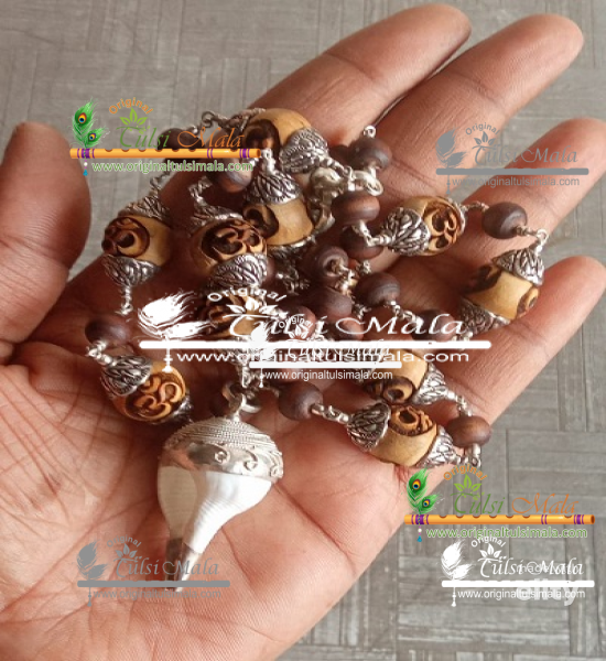 Sterling Silver and attractive Designed Conch/Shank Pendant Om Carved Tulsi Beads - Premium / Classic
