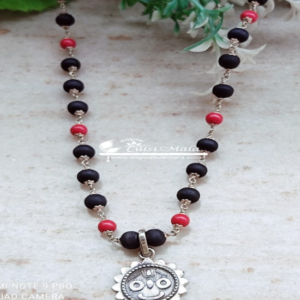 Silver Flower Capped Tulsi and Red Pearl Beads with Jagannath Pendant – Classic Necklace