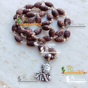 Silver Capped Shyma Tulsi Radha Carved Kanthi Mala With Sterling Silver Krishna Locket - Classic / Radha lovers