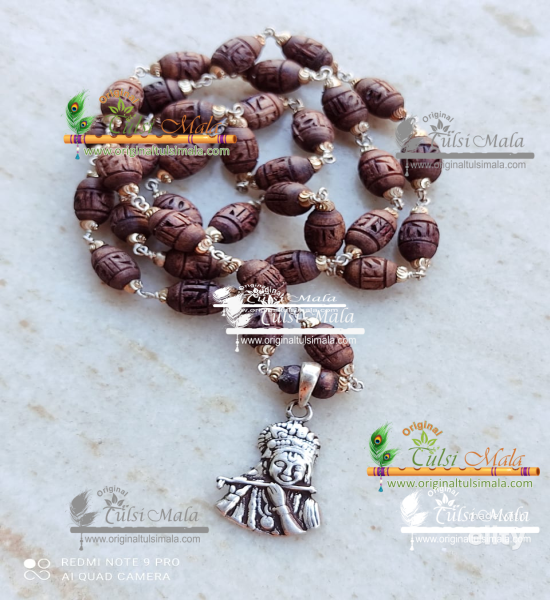 Silver Capped Shyma Tulsi Radha Carved Kanthi Mala With Sterling Silver Krishna Locket - Classic / Radha lovers