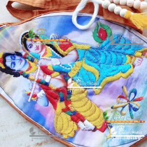 Radha Krishna printed bead bag with embroidery from Vrindavan, you can explore online shops like Shri Krishna Store