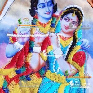 Radha Krishna printed bead bag with embroidery from Vrindavan, you can explore online shops like Shri Krishna Store