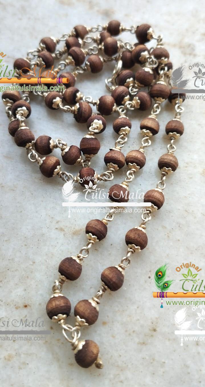 54+1 Silver Flower Capped Shayma Tulsi Beads Mala For Wear And Japa Both Purpose