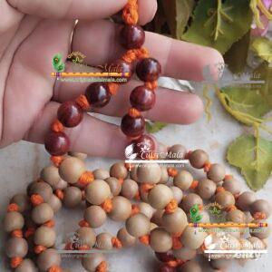 White And Red Pure Sandalwood Japa Mala With Adjustable Om Counter Beads