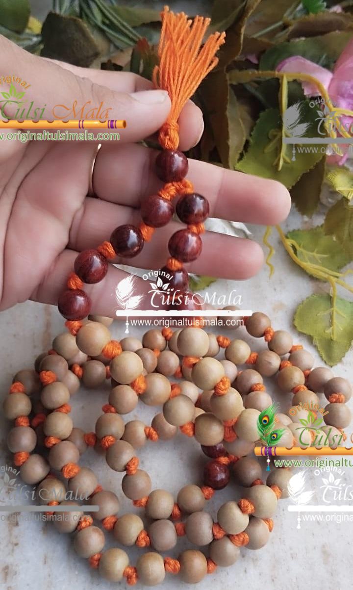 White And Red Pure Sandalwood Japa Mala With Adjustable Om Counter Beads