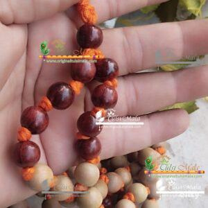 White And Red Pure Sandalwood Japa Mala With Adjustable Om Counter Beads