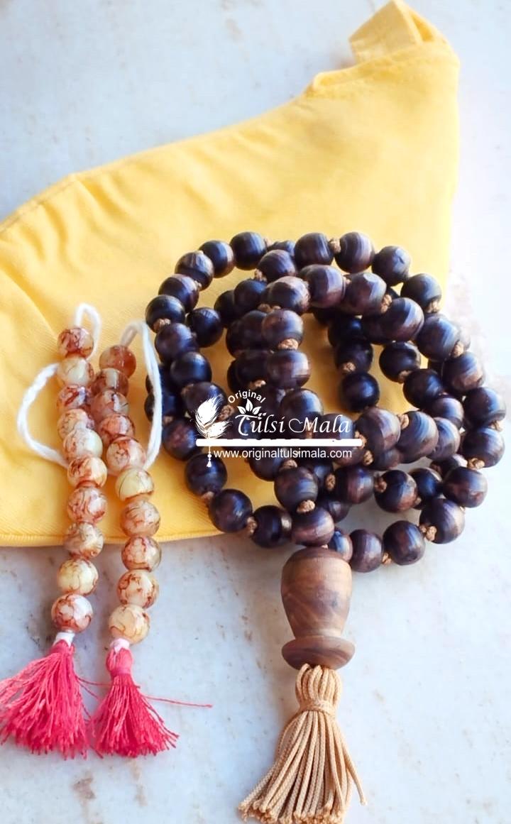 Krishna Tulsi Beads Carving Japa Mala With Krishna Japa Bag And Counter Mala