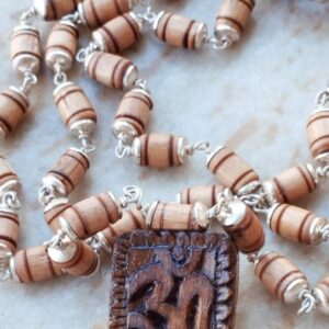 Barrel shaped silver capped tulsi beads japa mala with OM dollar - 2 in 1