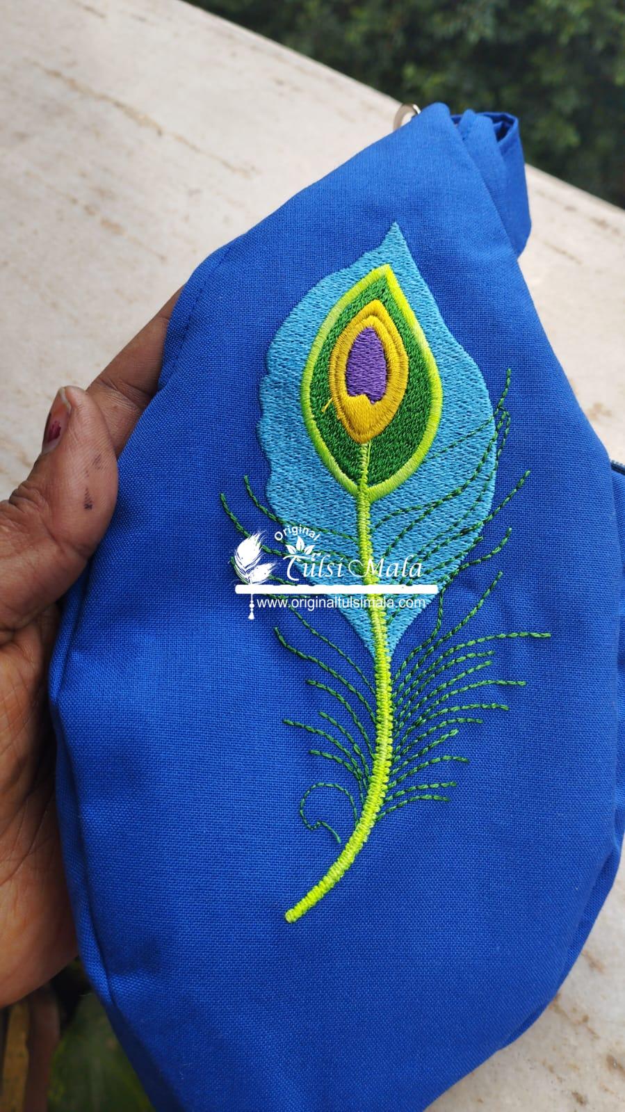 Peacock Feather Embroidered Japa Bag with Sakshi Mala – Premium