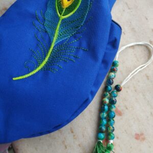 Peacock Feather Embroidered Japa Bag with Sakshi Mala – Premium