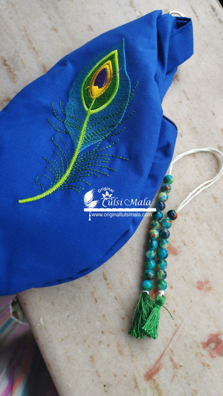 Peacock Feather Embroidered Japa Bag with Sakshi Mala – Premium