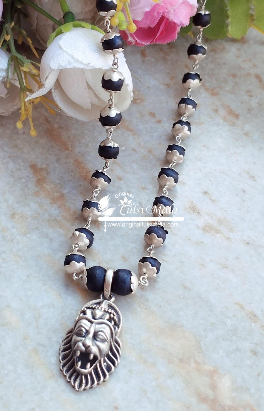 Narsingh Bhagwan Silver Locket With Silver Cap Tulsi Beads Mala
