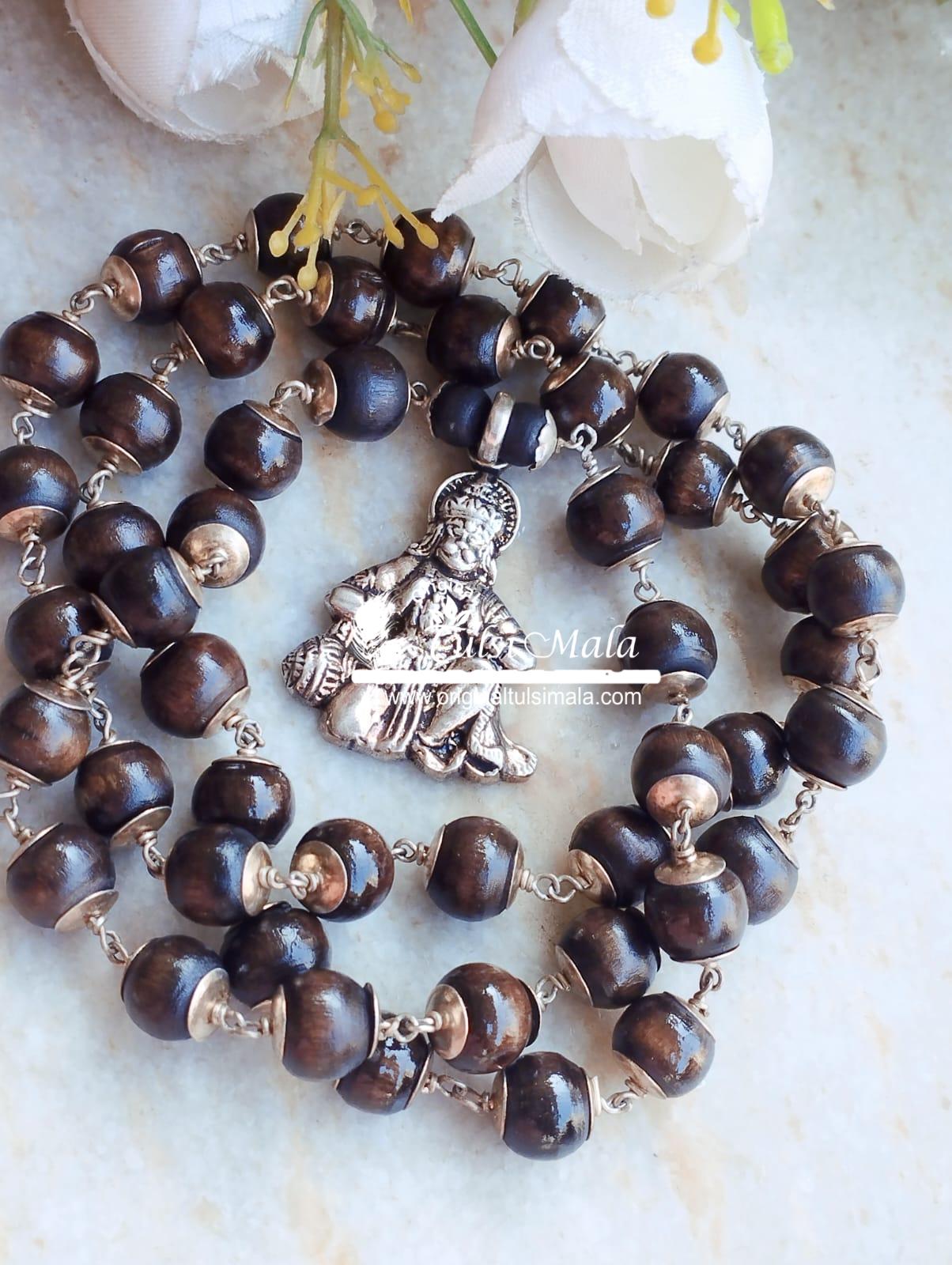 Hanuman JI Silver Shayma Black Round Tulsi Beads Mala for Ram Devotees