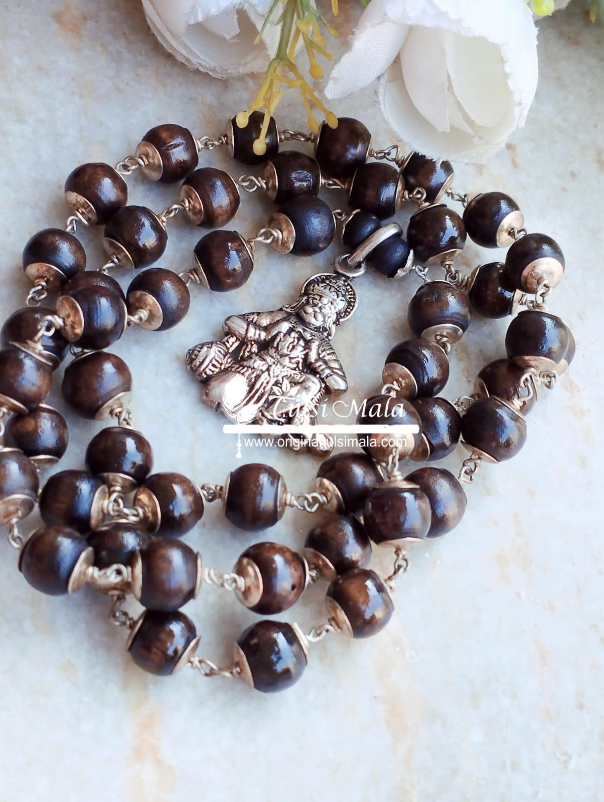 Hanuman JI Silver Shayma Black Round Tulsi Beads Mala for Ram Devotees