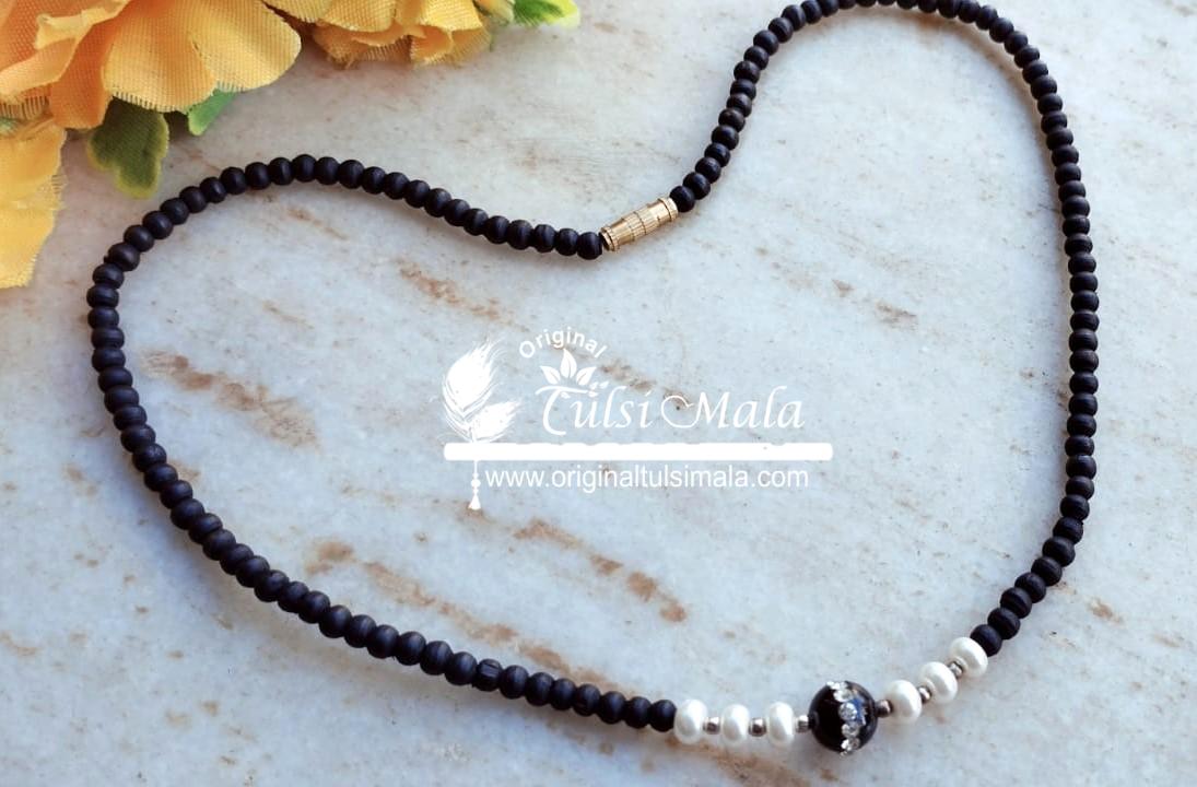 Black Stone with White Moti Tulsi Kanthi Mala