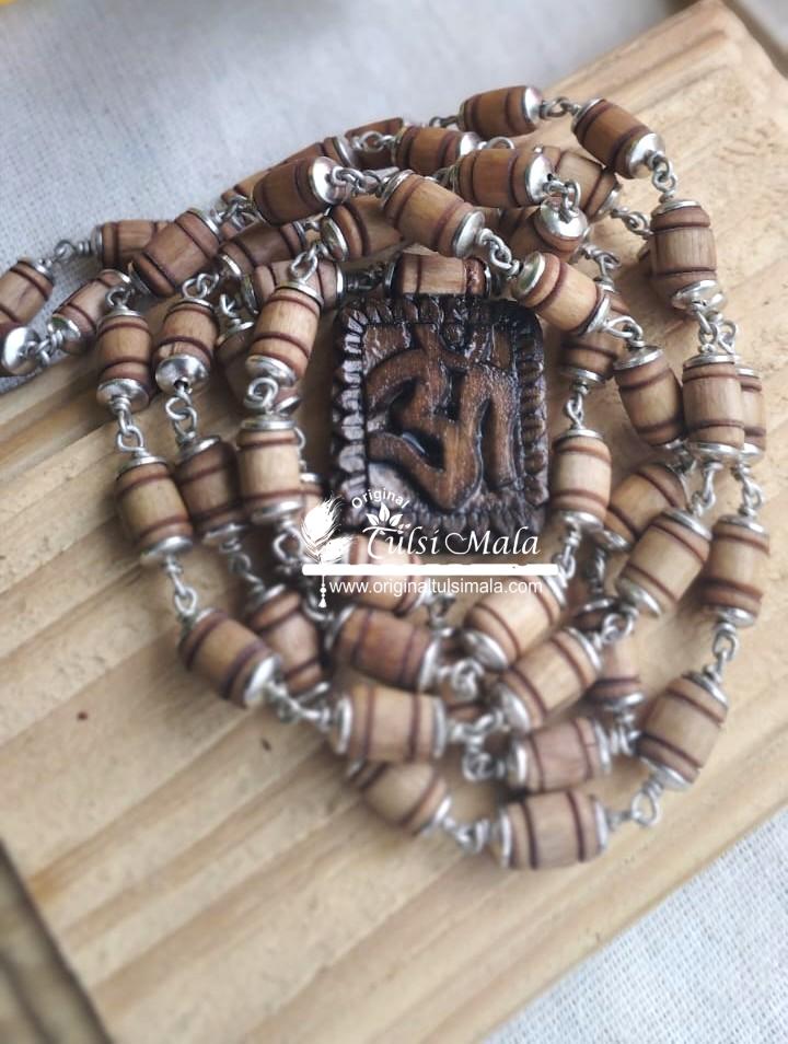 Om Carved Tulsi Locket with Tulsi Silver Capping Mala