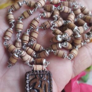 Om Carved Tulsi Locket with Tulsi Silver Capping Mala