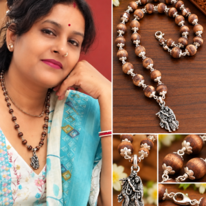 Matar mala pattern silver tulsi beads flower capped mala with Radhe Krishna locket - Premium