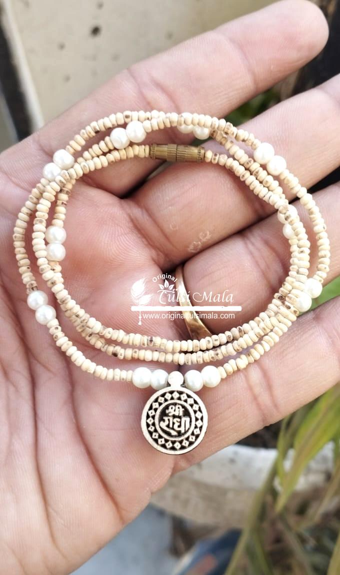 Tiny Tulsi Beads with Radha naam pendant and Pearl Kanthi Mala