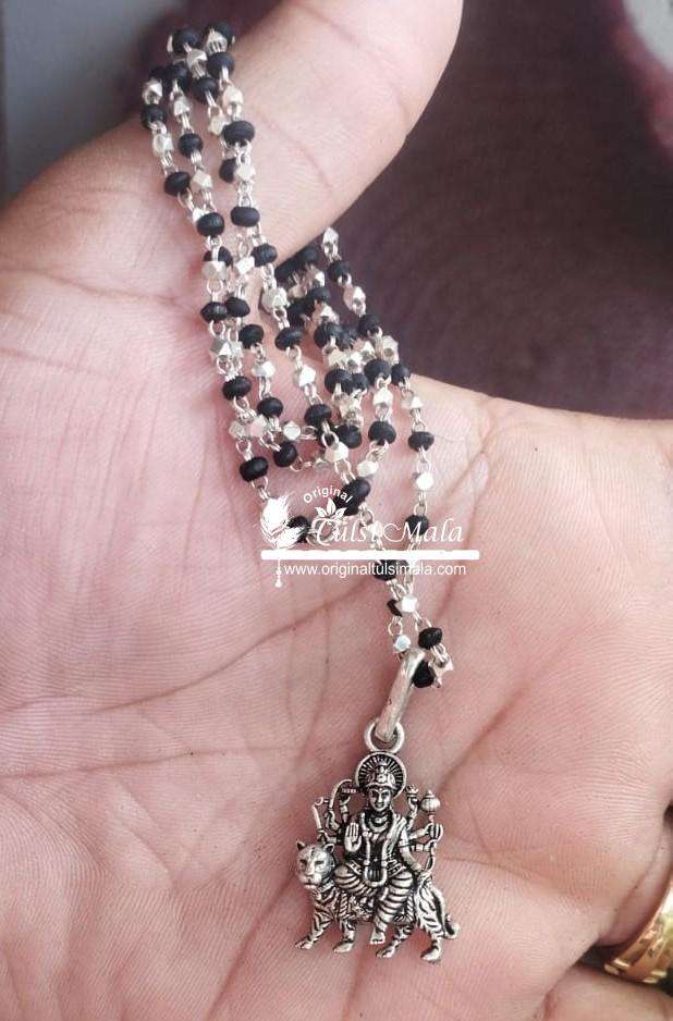 Maa Durga Silver Pendant Black Shyama Tulsi Beads Mala