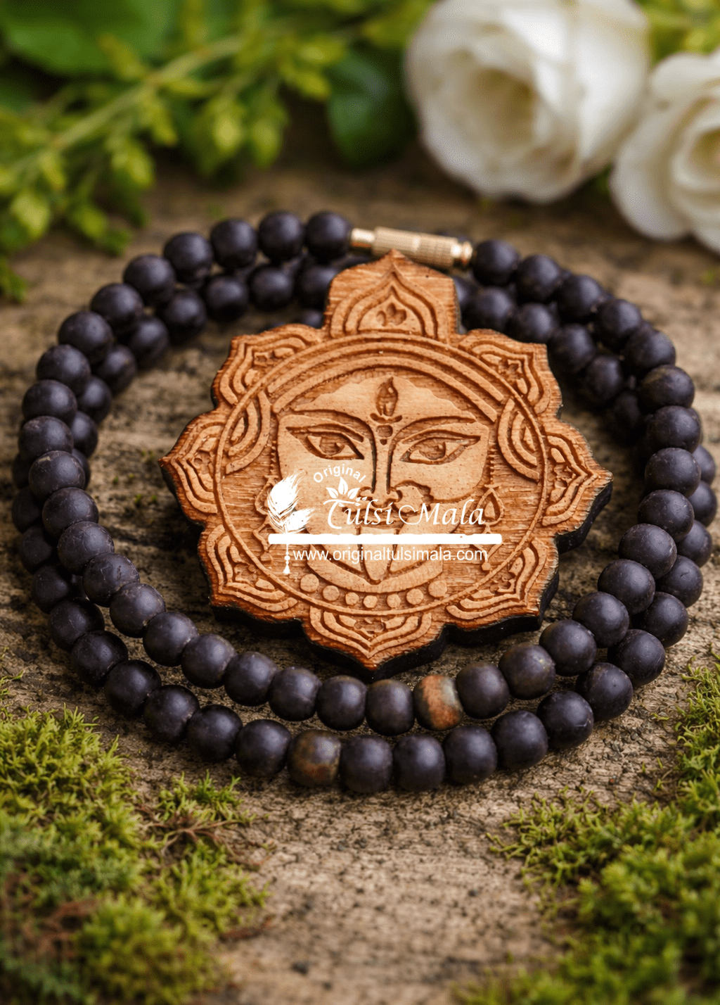 Beautifully Design Kali Maa Tulsi Carved Locket Pendant Mala