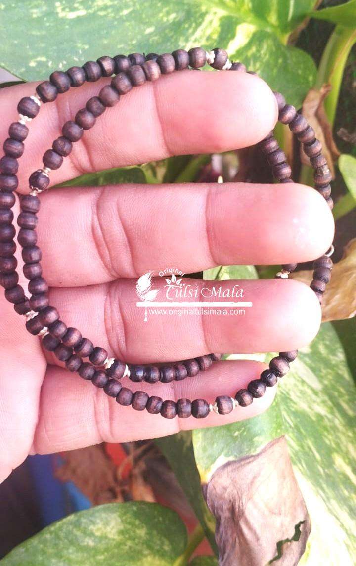 Natural Dark Brown Shyama Tulsi Beads Kanthi Mala With Silver balls