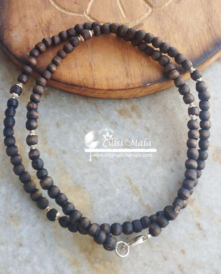 Natural Dark Brown Shyama Tulsi Beads Kanthi Mala With Silver balls