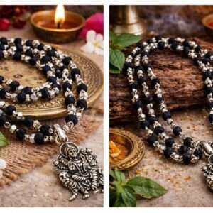 Maa Durga Silver Pendant Black Shyama Tulsi Beads Mala