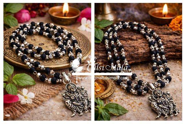 Maa Durga Silver Pendant Black Shyama Tulsi Beads Mala
