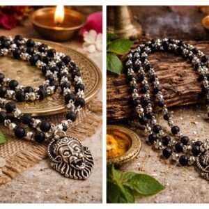 Narsingh Bhagwan Silver Locket With Silver Cap Tulsi Beads Mala