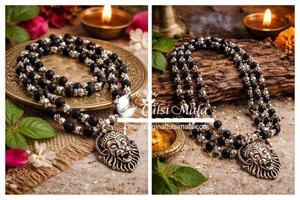 Narsingh Bhagwan Silver Locket With Silver Cap Tulsi Beads Mala