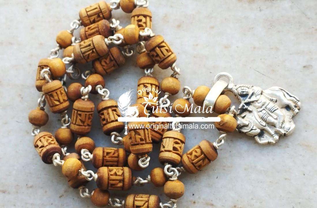 Radha Carved Silver Natural Tulsi Beads Mala With Krishna Cow Silver Pendent
