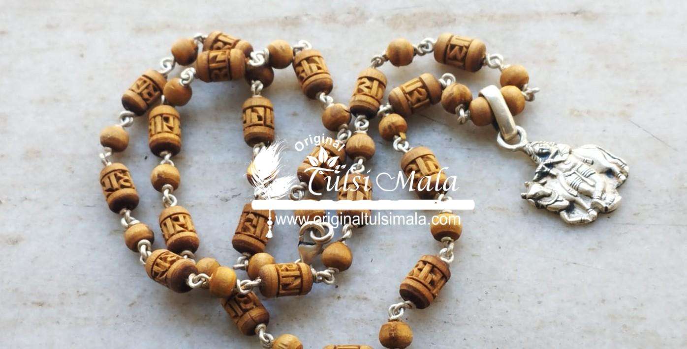 Radha Carved Silver Natural Tulsi Beads Mala With Krishna Cow Silver Pendent