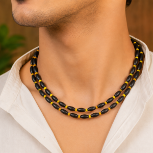 black mridanga tulsi kanthi mala with yellow crystal beads - premium
