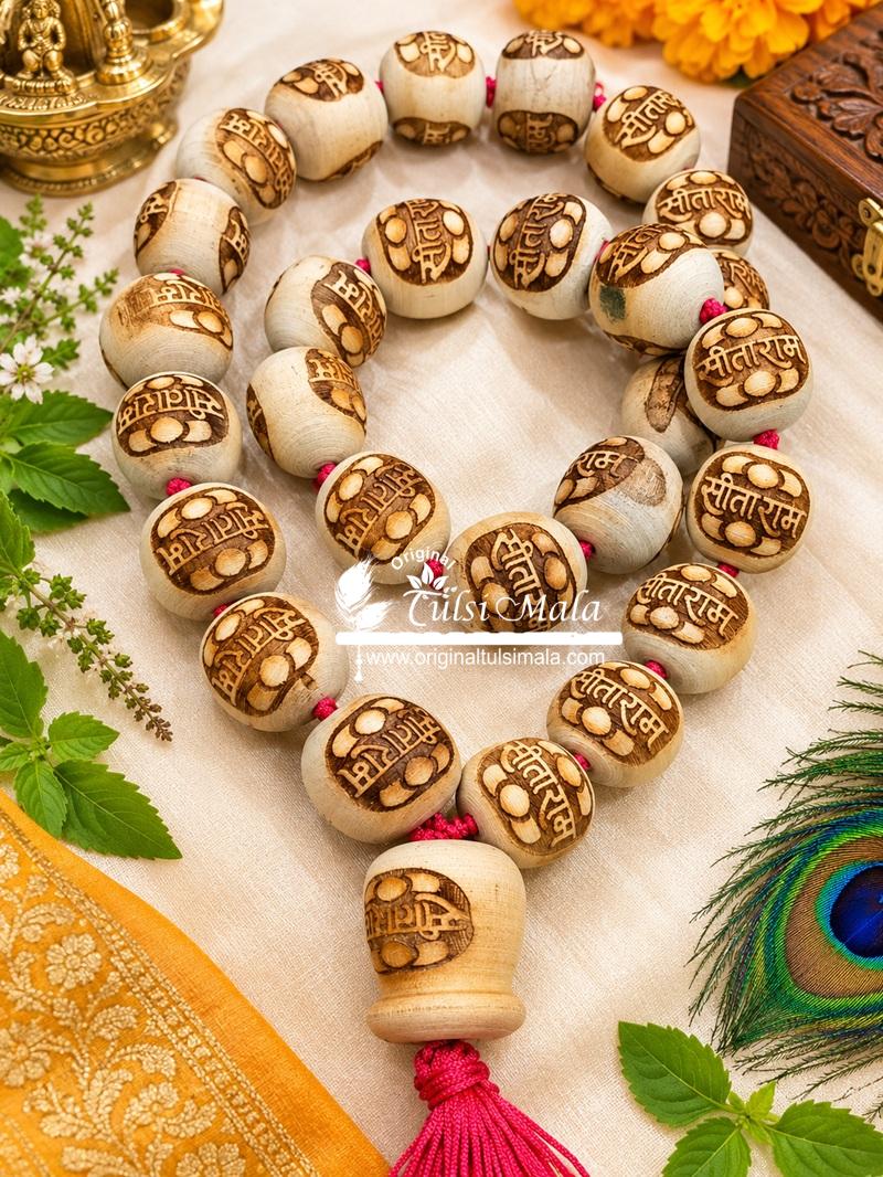 Sita Ram with Hanuman Carved Big Size Beads Original Tulsi Mala